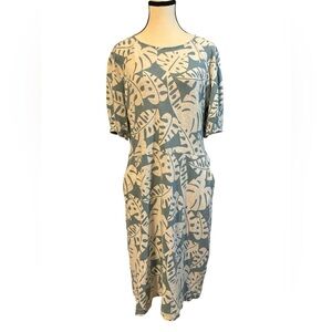 Boden Leaf Print Midi Dress in Blue and Cream **missing belt**